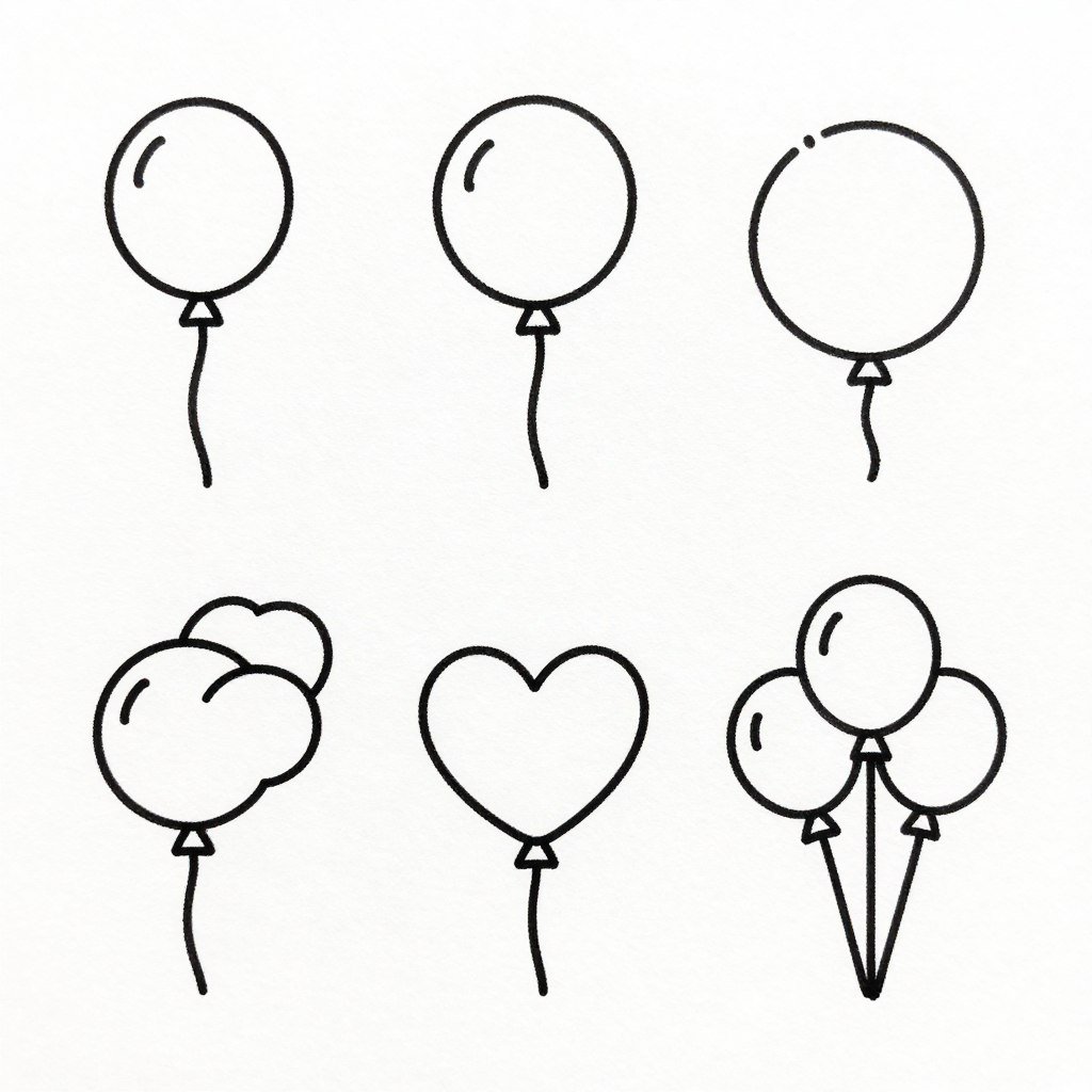 Tutorial showing different styles of balloon happy birthday doodles with strings