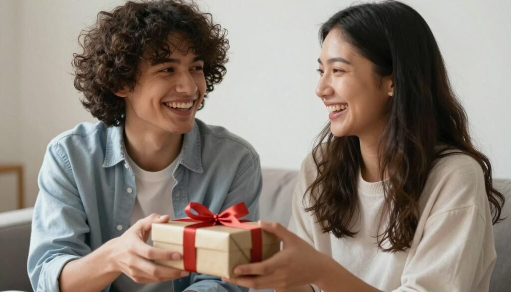 Two best friends celebrating a birthday with gifts and genuine joy
