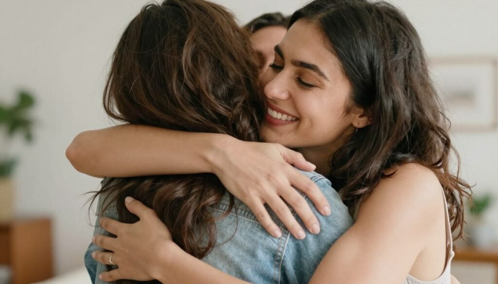 Two best friends embracing during a heartfelt birthday moment