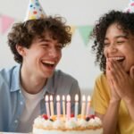 Two best friends laughing together at a birthday celebration with happy birthday best friend quotes concept