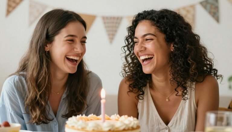 Two best friends laughing together during a birthday celebration with decorations and cake