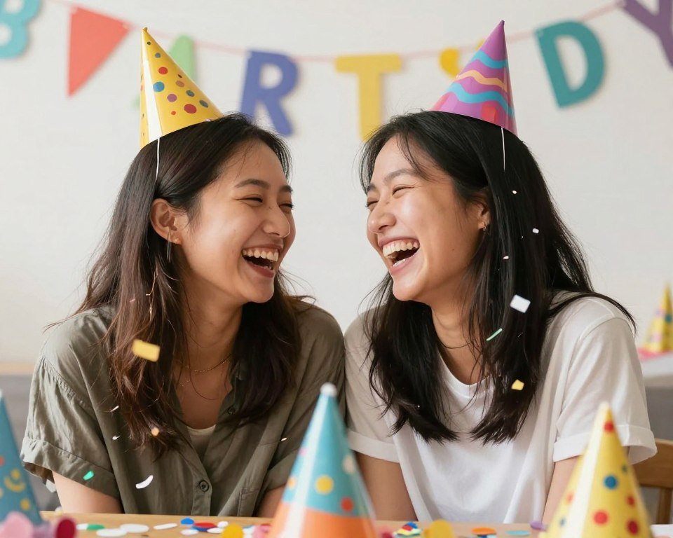 Two best friends laughing together with birthday decorations and confetti