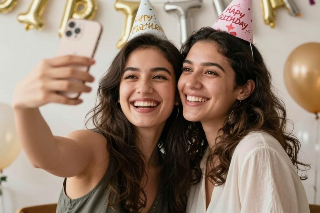 Two best friends taking a selfie together during a birthday celebration