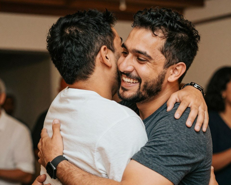 Two brothers embracing and smiling on a happy birthday celebration