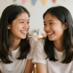 Two cousins laughing together and enjoying a birthday celebration