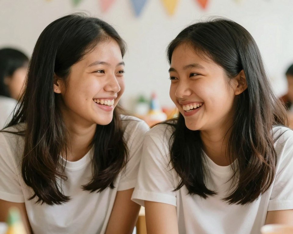 Two cousins laughing together and enjoying a birthday celebration