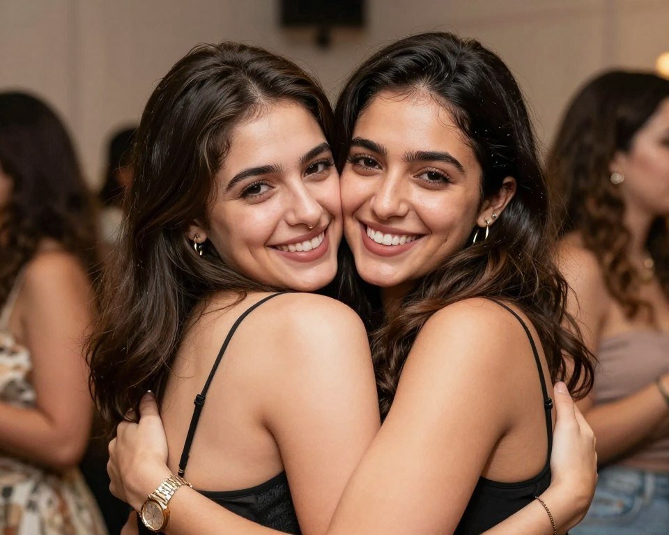 Two female cousins embracing and smiling on a happy birthday celebration