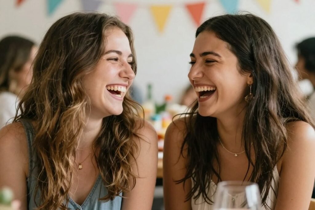 Two female cousins laughing together at a birthday celebration