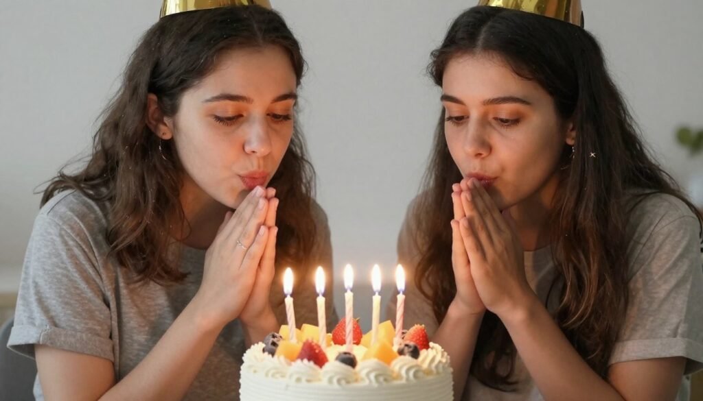 Two friends blowing out birthday candles together, creating a tradition