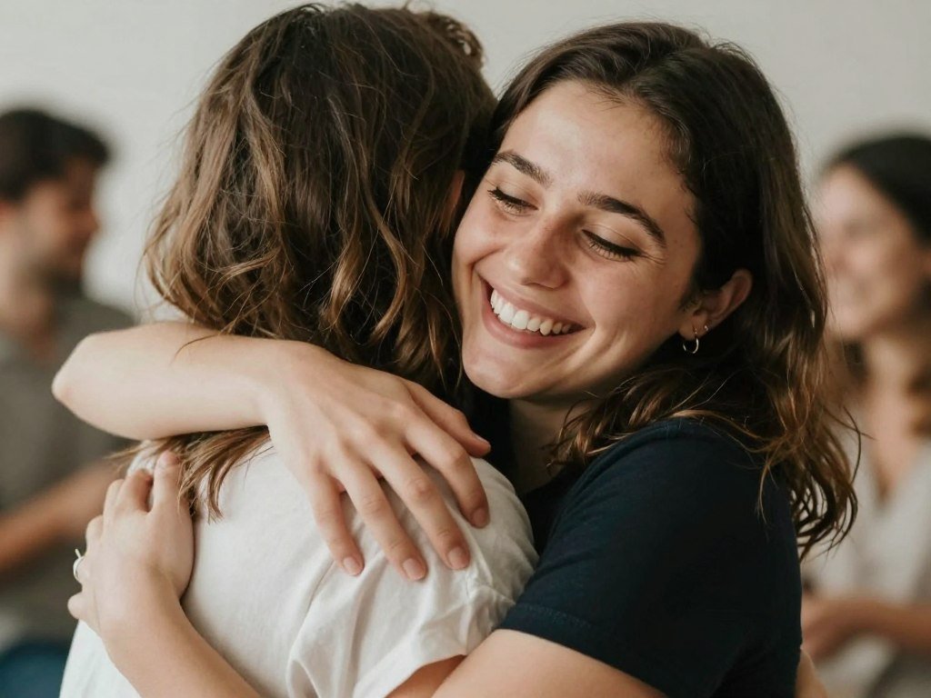Two friends embracing and smiling during a birthday celebration with soft lighting