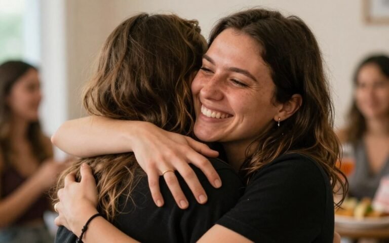 Two friends embracing at a birthday celebration with soft lighting and genuine smiles