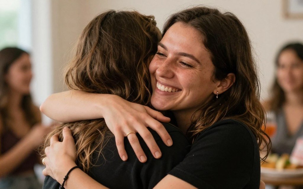 Two friends embracing at a birthday celebration with soft lighting and genuine smiles