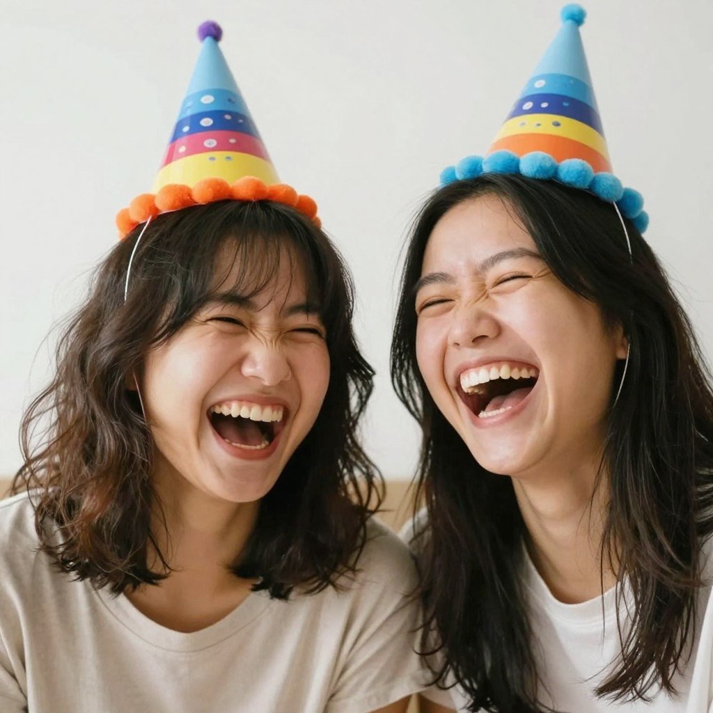 Two friends laughing hysterically while one wears a funny birthday hat, capturing the essence of a funny happy birthday celebration Two friends laughing hysterically while one wears a funny birthday hat, capturing the essence of a funny happy birthday celebration