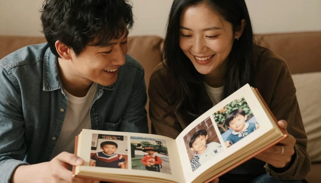 Two friends looking at old childhood photos together representing happy birthday best friend quotes for longtime friends