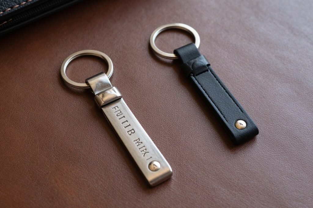 Two matching keychains or wallet items with brother-themed elements representing happy birthday best friend quotes for brother-friends