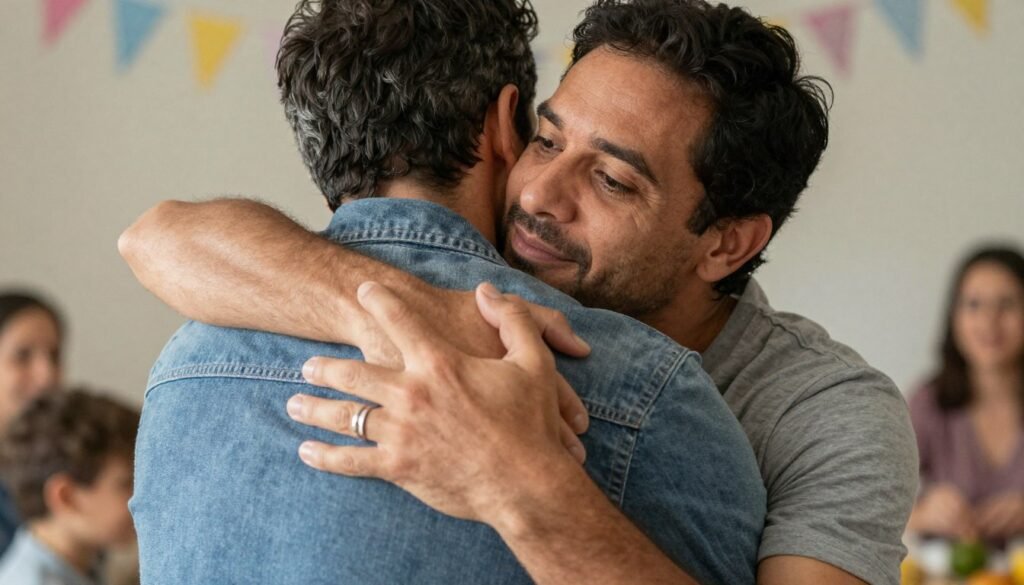Two men embracing in a warm hug, representing the strengthened bond between brothers-in-law Two men embracing in a warm hug, representing the strengthened bond between brothers-in-law