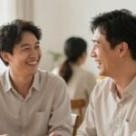 Two men laughing together at a family gathering, representing the special bond between brothers-in-law