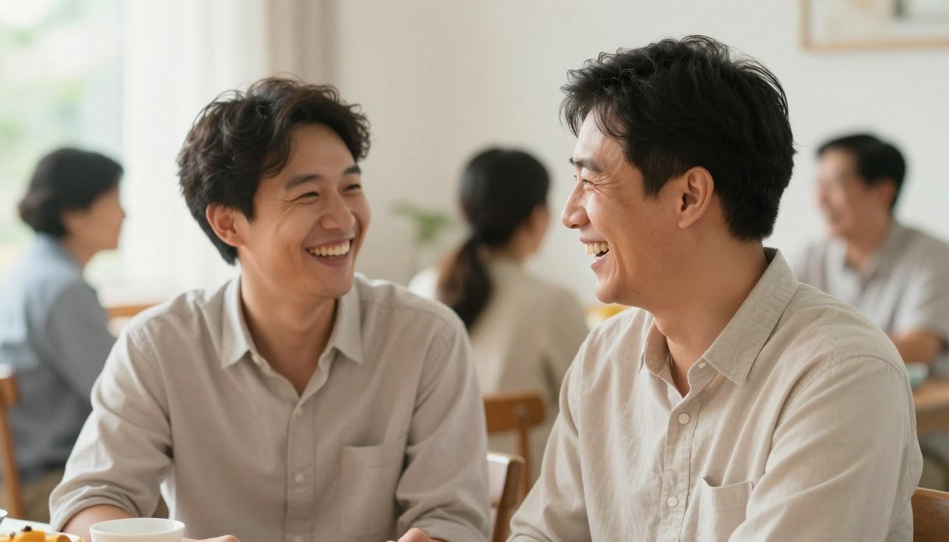 Two men laughing together at a family gathering, representing the special bond between brothers-in-law