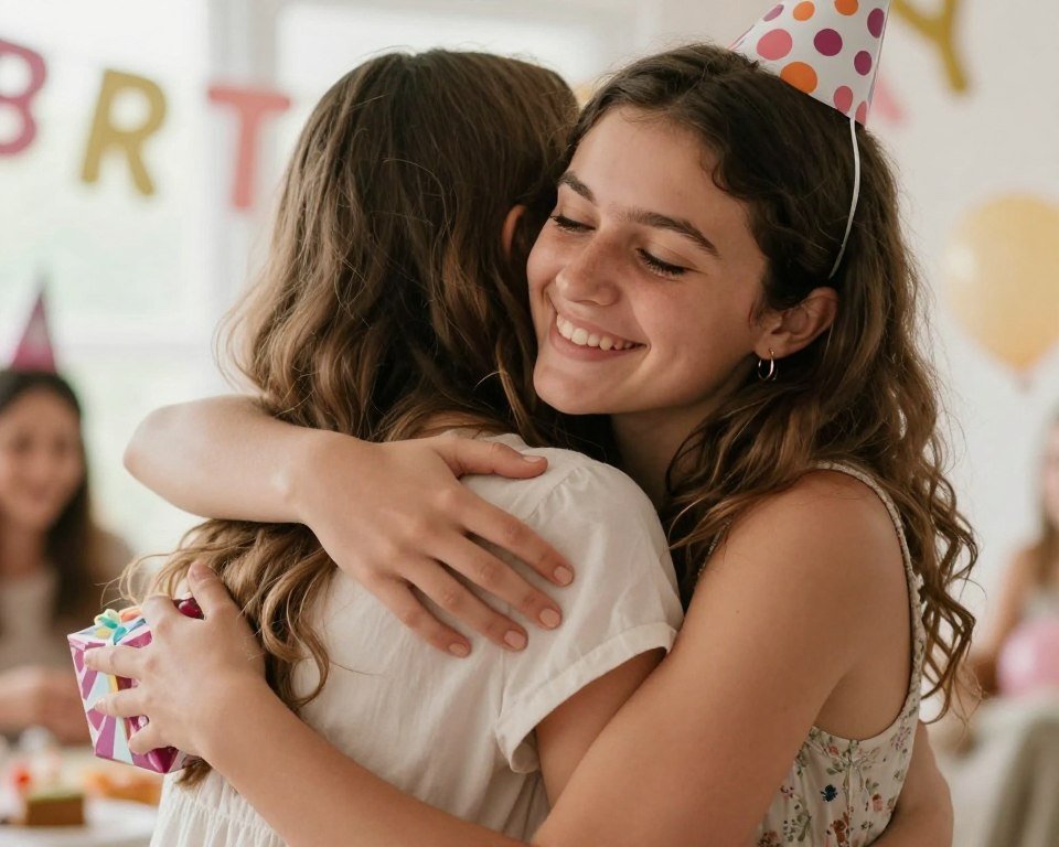 Two sisters embracing and smiling on a birthday celebration with decorations in the background