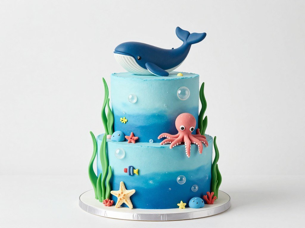 Under the sea baby shower cake with blue ombre and sea creatures