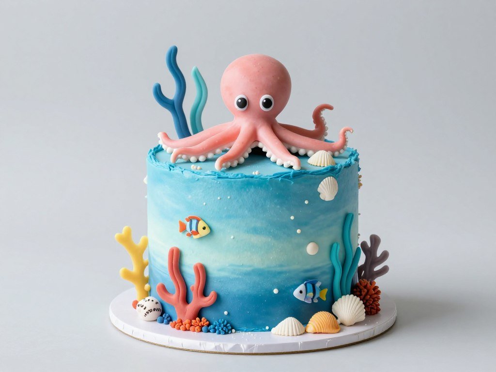 Under the sea cake with fondant octopus, coral, and sea shells