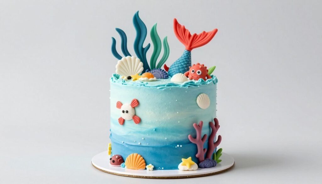 Under the sea themed birthday cake for kids with blue ocean frosting and sea creature decorations