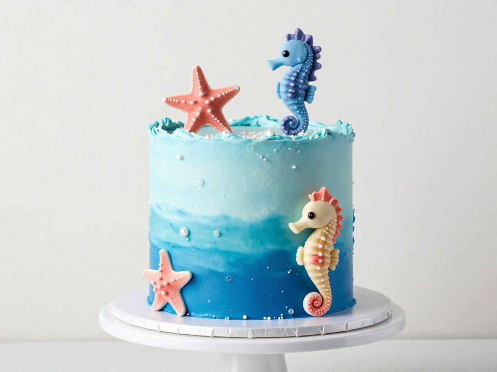 Underwater ocean themed birthday cake with blue ombre frosting and sea creatures