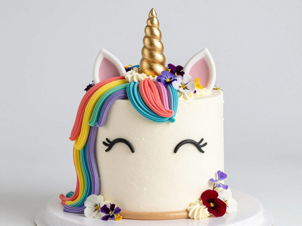 Unicorn cake with rainbow buttercream mane and edible flowers