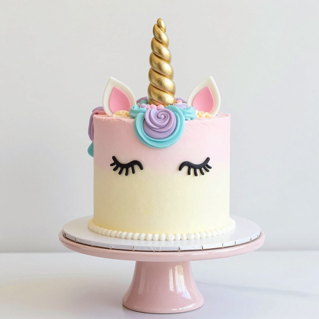 Unicorn themed cake with pastel colors and gold horn