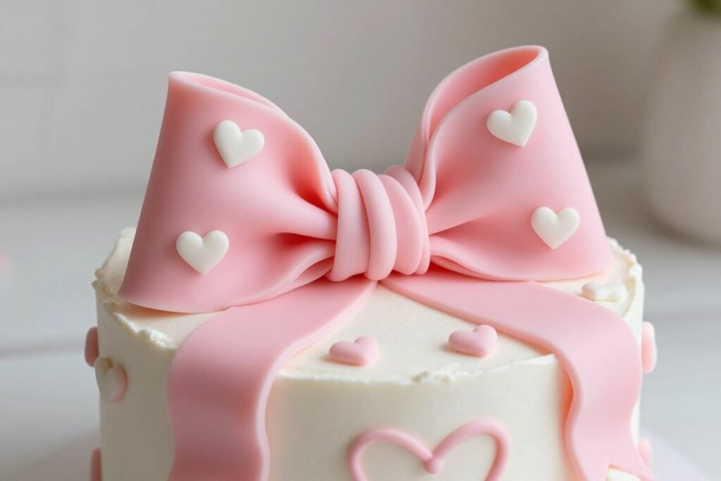 Valentine's Day bow cake design with heart accents