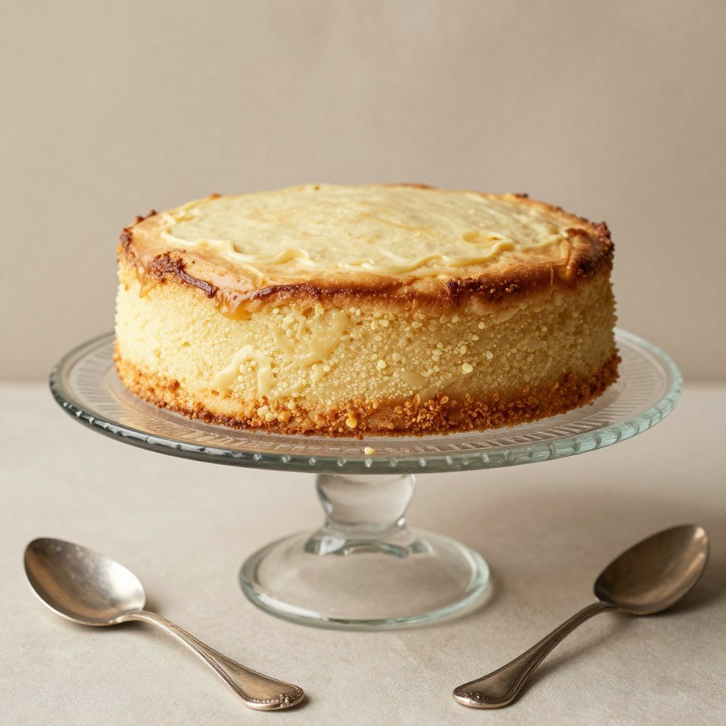 Vintage-inspired cake on glass pedestal with antique serving set