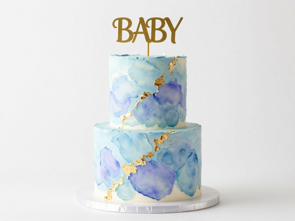 Watercolor effect baby shower cake with blue and purple blended colors