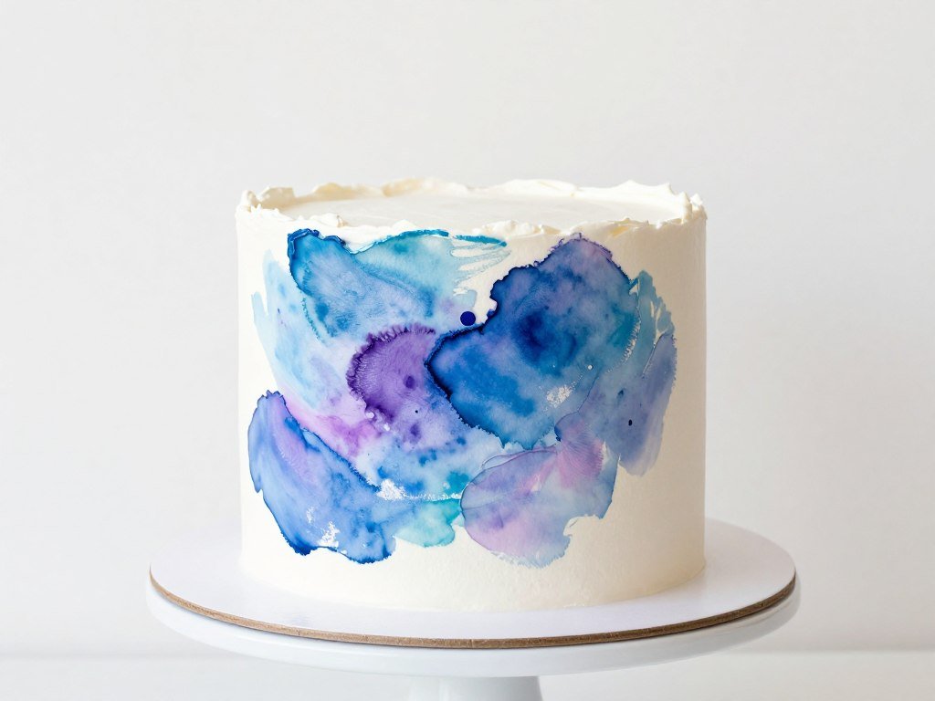 Watercolor effect cake with abstract blue and purple brushstrokes