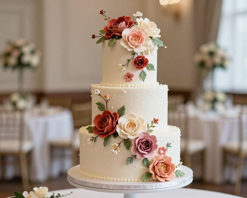 Wedding cake with cascading sugar flowers in various colors and textures