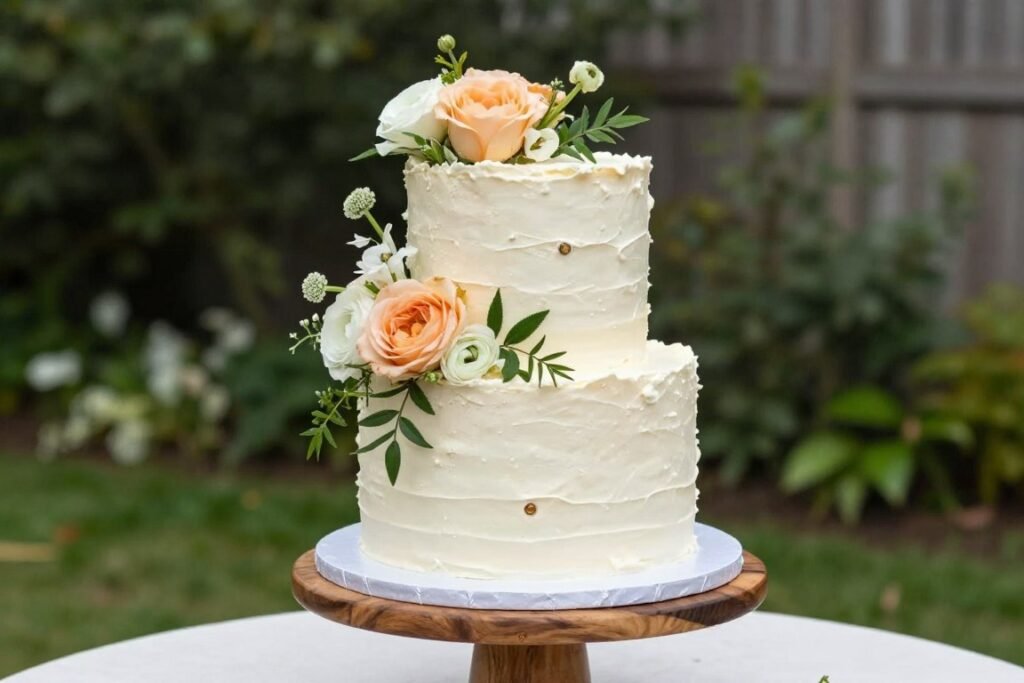 Wedding cake with fresh seasonal flowers arranged in a natural, garden-inspired style