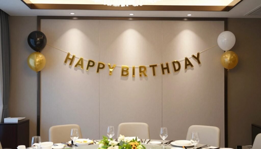 Well-styled party space with strategically placed happy birthday banner Well-styled party space with strategically placed happy birthday banner