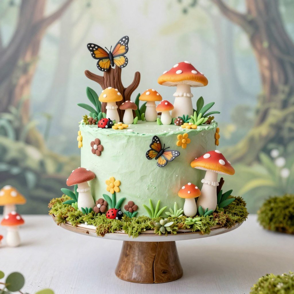 Whimsical garden cake with sugar mushrooms and tiny creatures