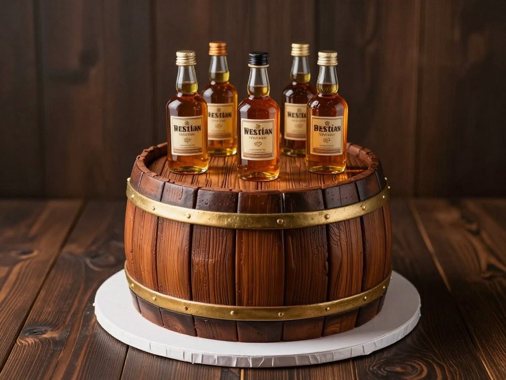 Whiskey barrel cake with fondant wood grain texture, metallic accents, and miniature whiskey bottles