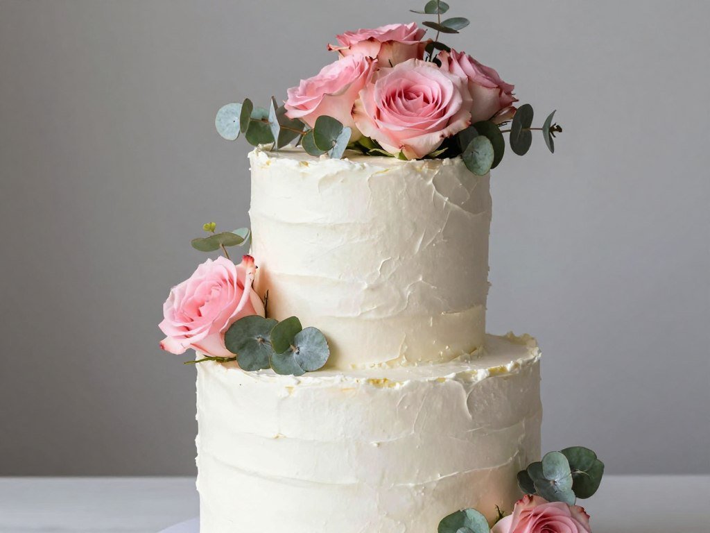 White baby shower cake with fresh garden roses and eucalyptus