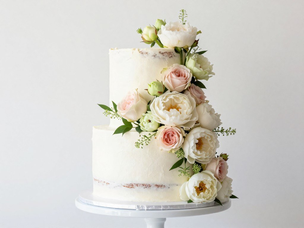 White cake with cascading fresh flowers in pastel colors