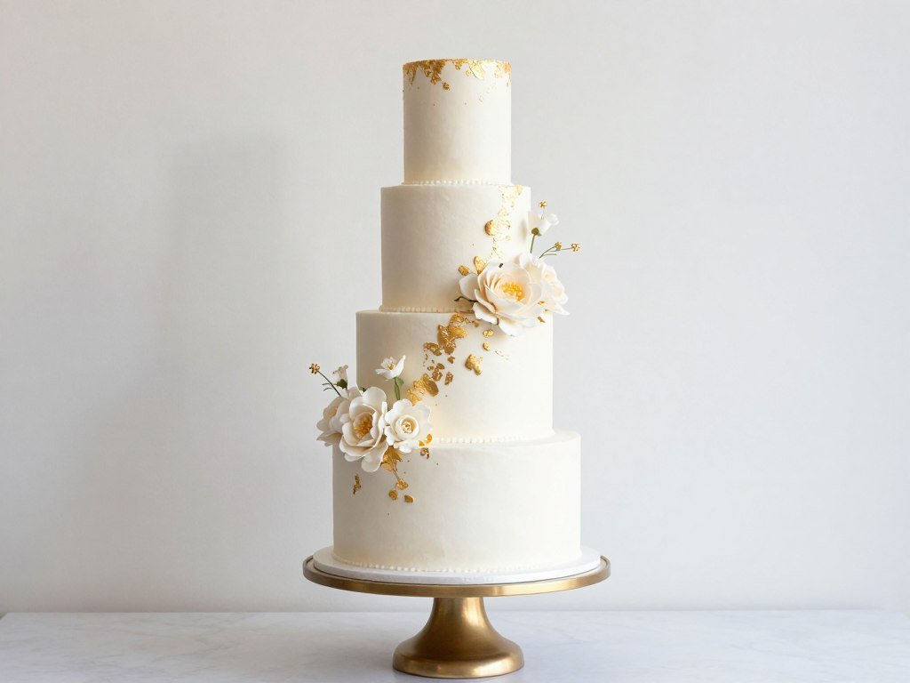 White fondant wedding cake with gold leaf accents and sugar flowers