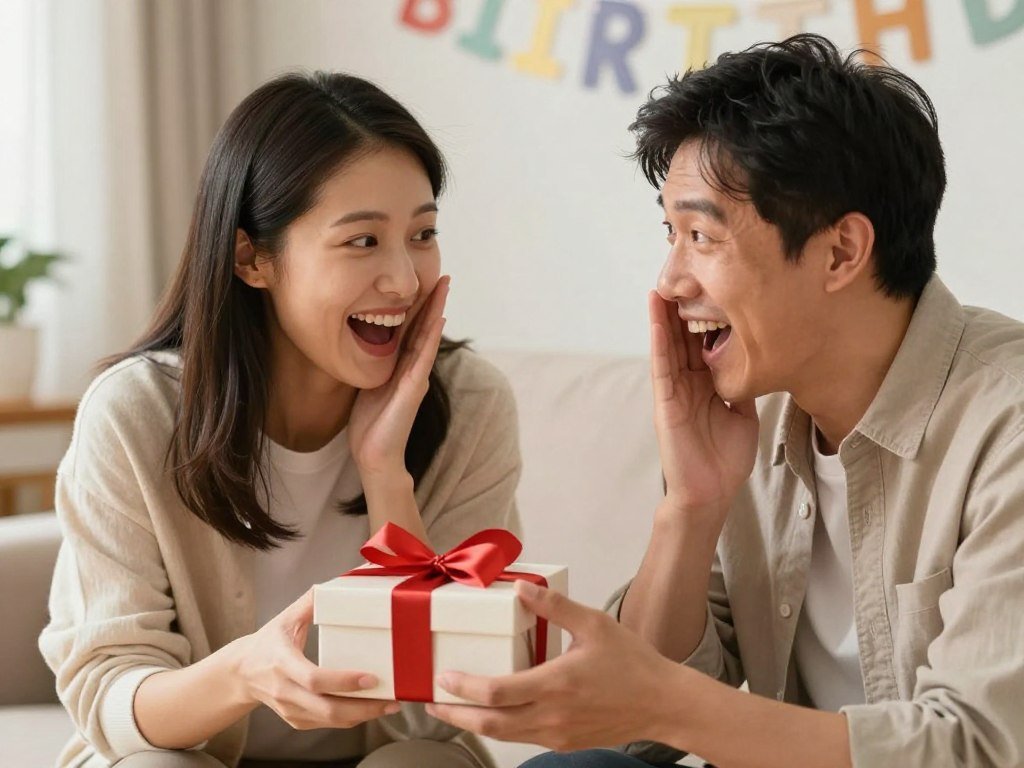 Wife surprising husband with a birthday gift Wife surprising husband with a birthday gift