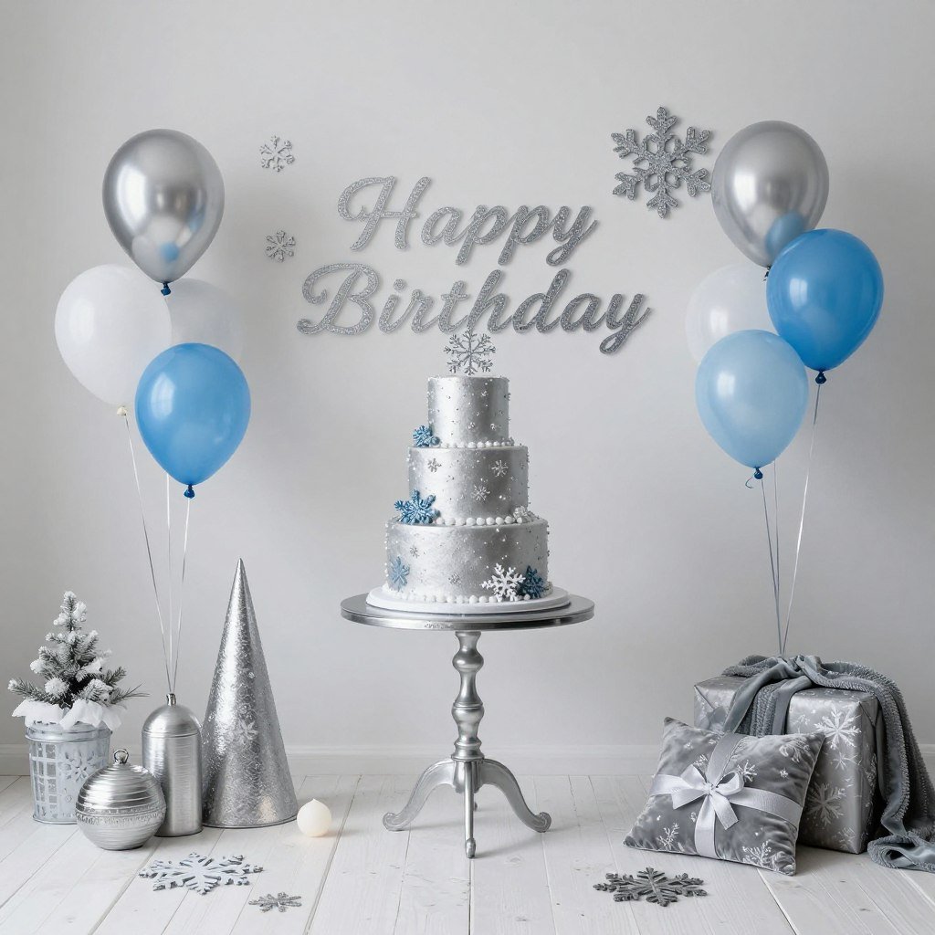 Winter birthday setup with silver and blue elements for happy birthday wishes pics Winter birthday setup with silver and blue elements for happy birthday wishes pics