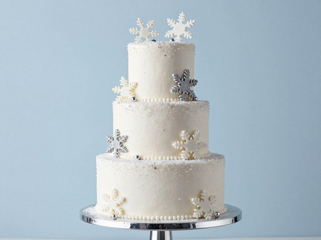 Winter wonderland cake with silver details and snowflakes