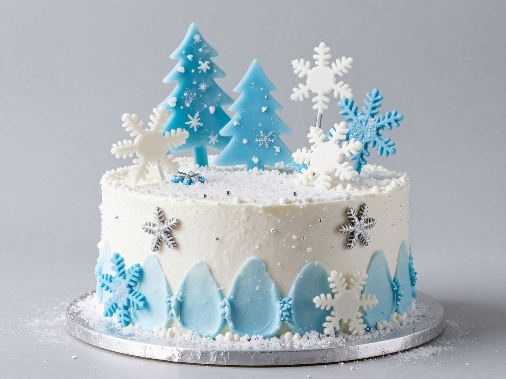 Winter wonderland cake with snowflakes and silver accents