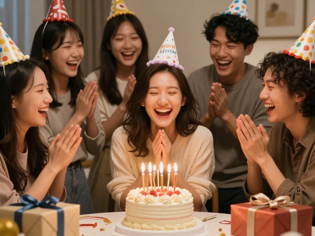 Woman celebrating birthday surrounded by friends and laughter