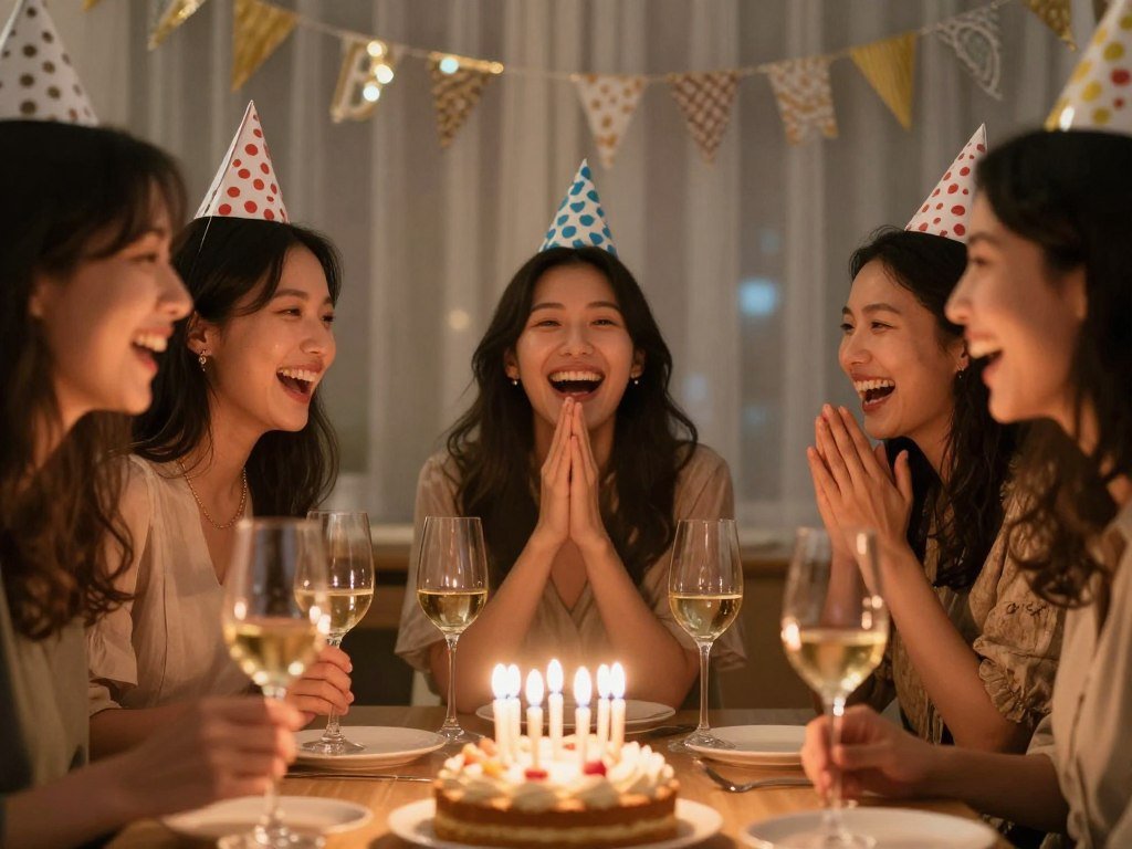 Woman laughing at age-related birthday joke with friends