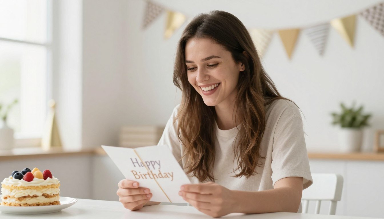 Woman laughing while reading a funny happy birthday card