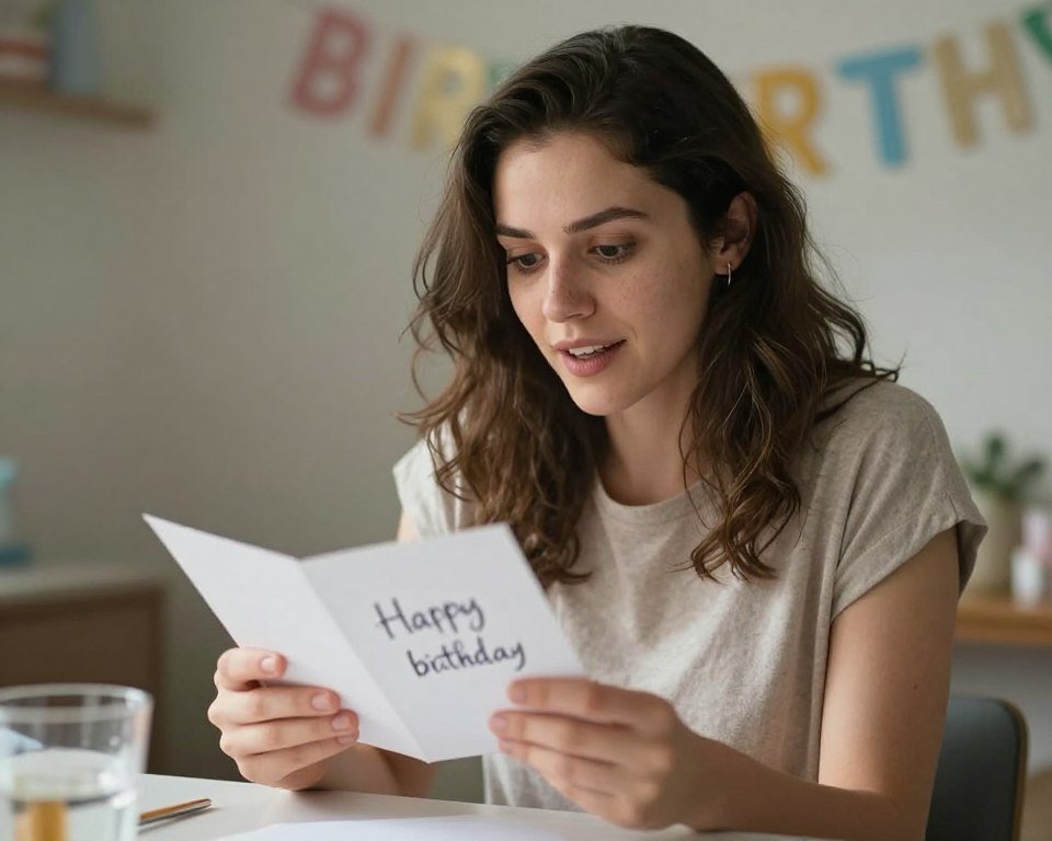 Woman opening a belated birthday card with an amused expression