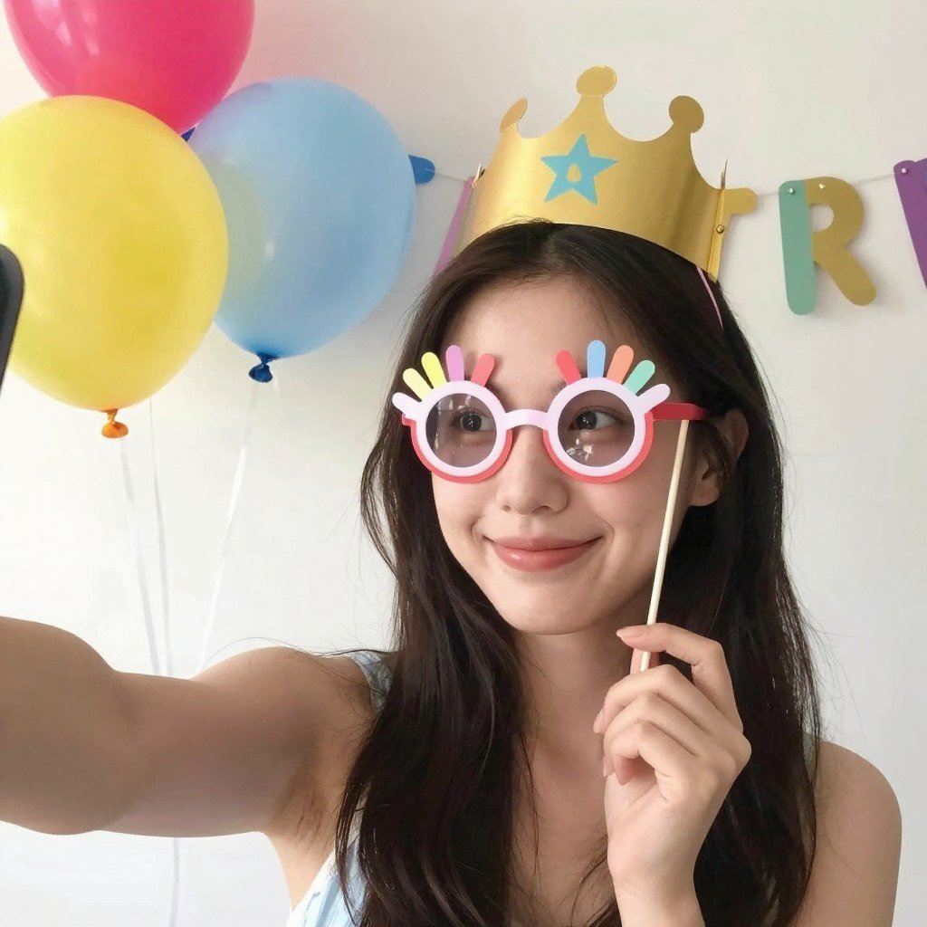 Woman taking selfie with funny birthday decorations